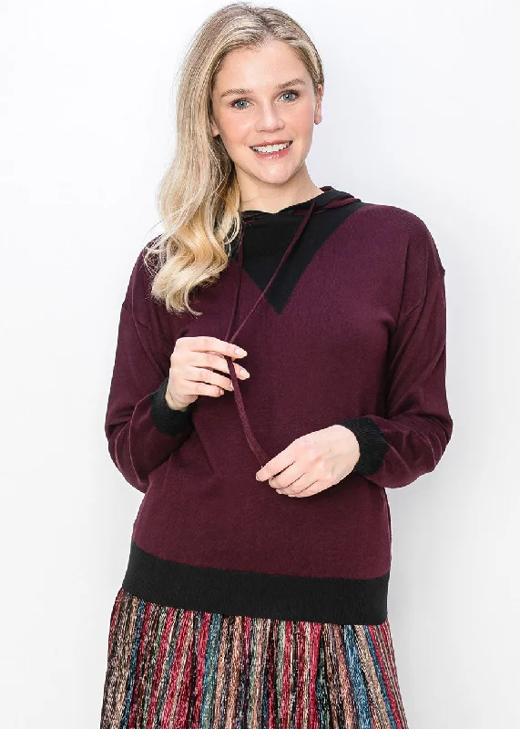 Burgundy Knit Hoodie with Black Accent Boho-style sweaters