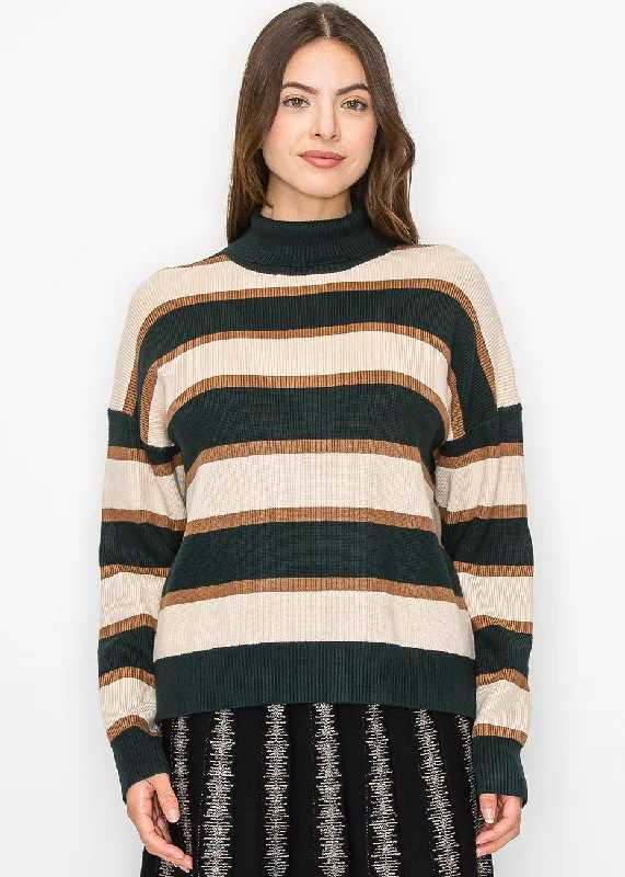 Forest Green Striped Turtleneck Sweater Lightweight sweaters