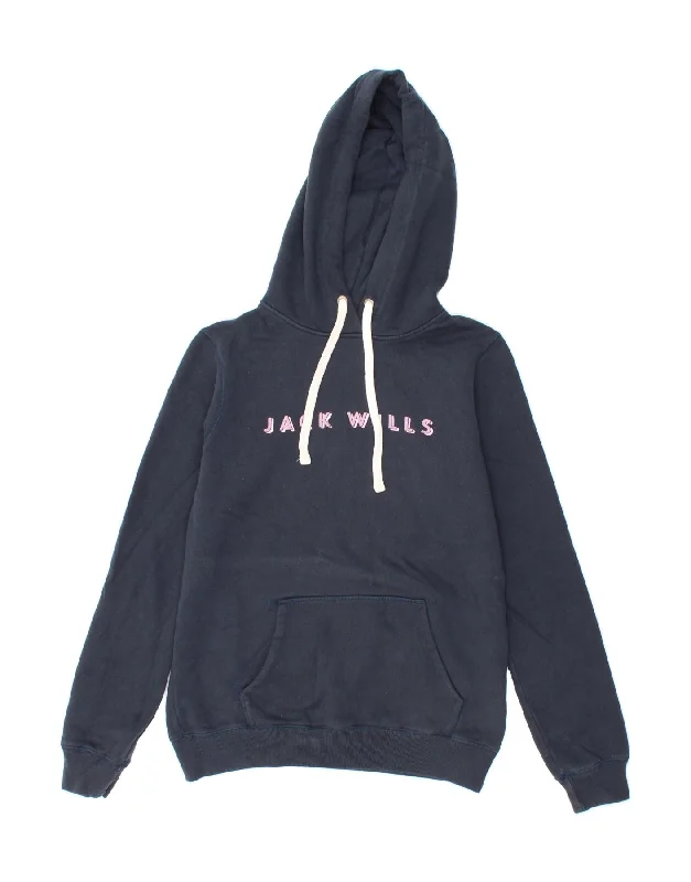 JACK WILLS Womens Graphic Hoodie Jumper UK 12 Medium Navy Blue Cotton Crewneck sweaters