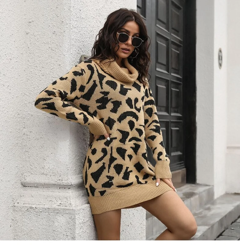 BerriesJam - 2024 Short Casual Pile Collar Leopard Knitted Dress Soft-touch sweaters