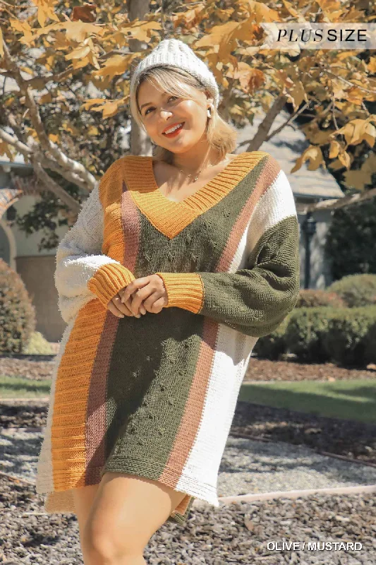 Oversized Multicolor Bouclé V-neck Pullover Sweater Dress With Side Slit Cotton sweaters