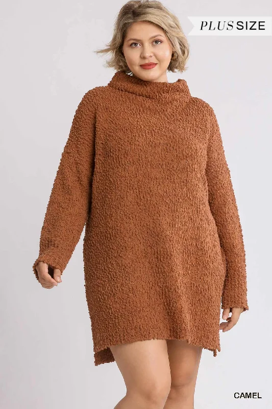 High Cowl Neck Bouclé Long Sleeve Sweater Dress Turtleneck sweaters