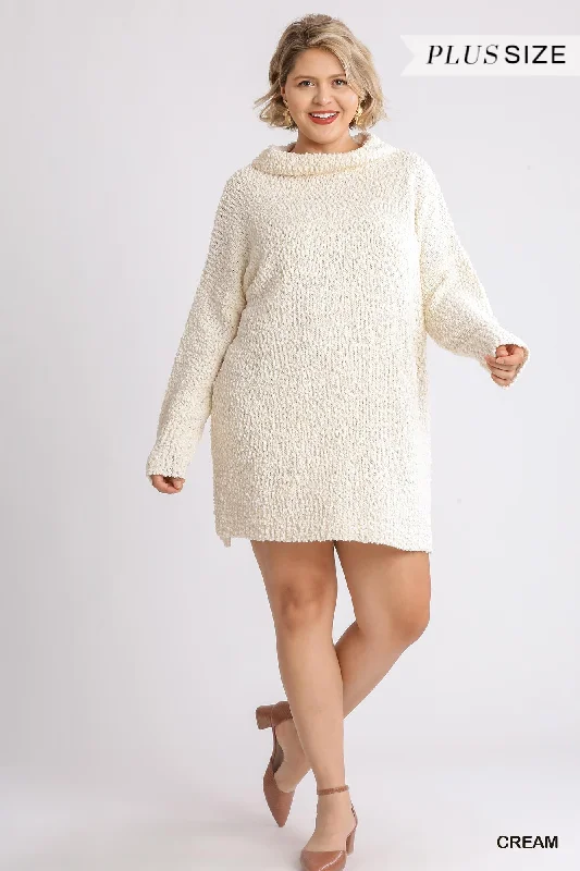 High Cowl Neck Bouclé Long Sleeve Sweater Dress Women's sweaters