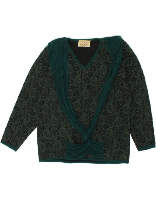 VINTAGE Womens V-Neck Jumper Sweater IT 46 Large Green Paisley Wool Breathable sweaters