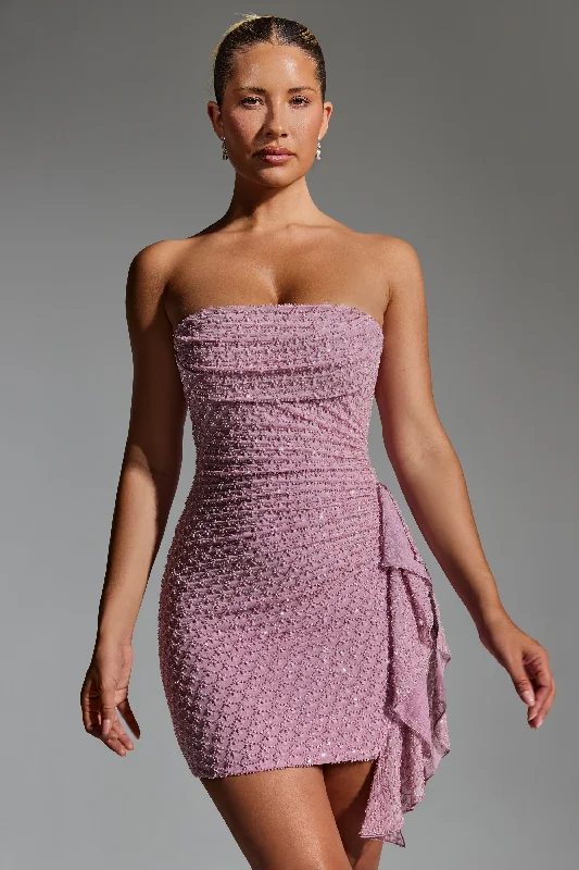 Embellished Ruffled Cowl-Neck Bandeau Mini Dress in Mauve Flowy mini dresses