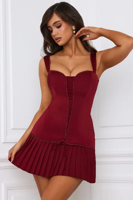 Bow-Detail Lace-Up Corset Mini Dress in Berry Red Best mini dresses for summer vacation