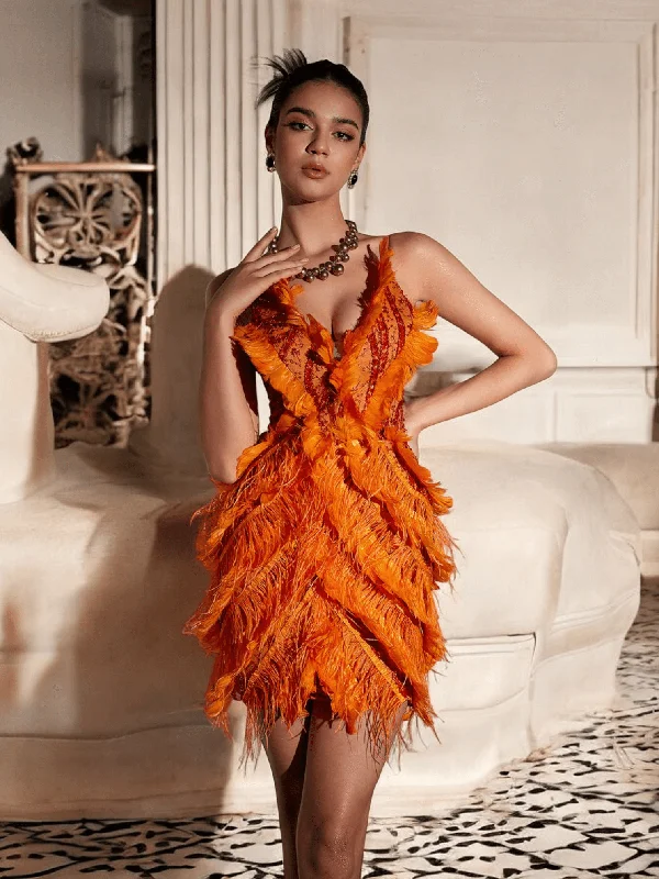 Feather Sequin Dress Orange Women's trendy mini dresses sale