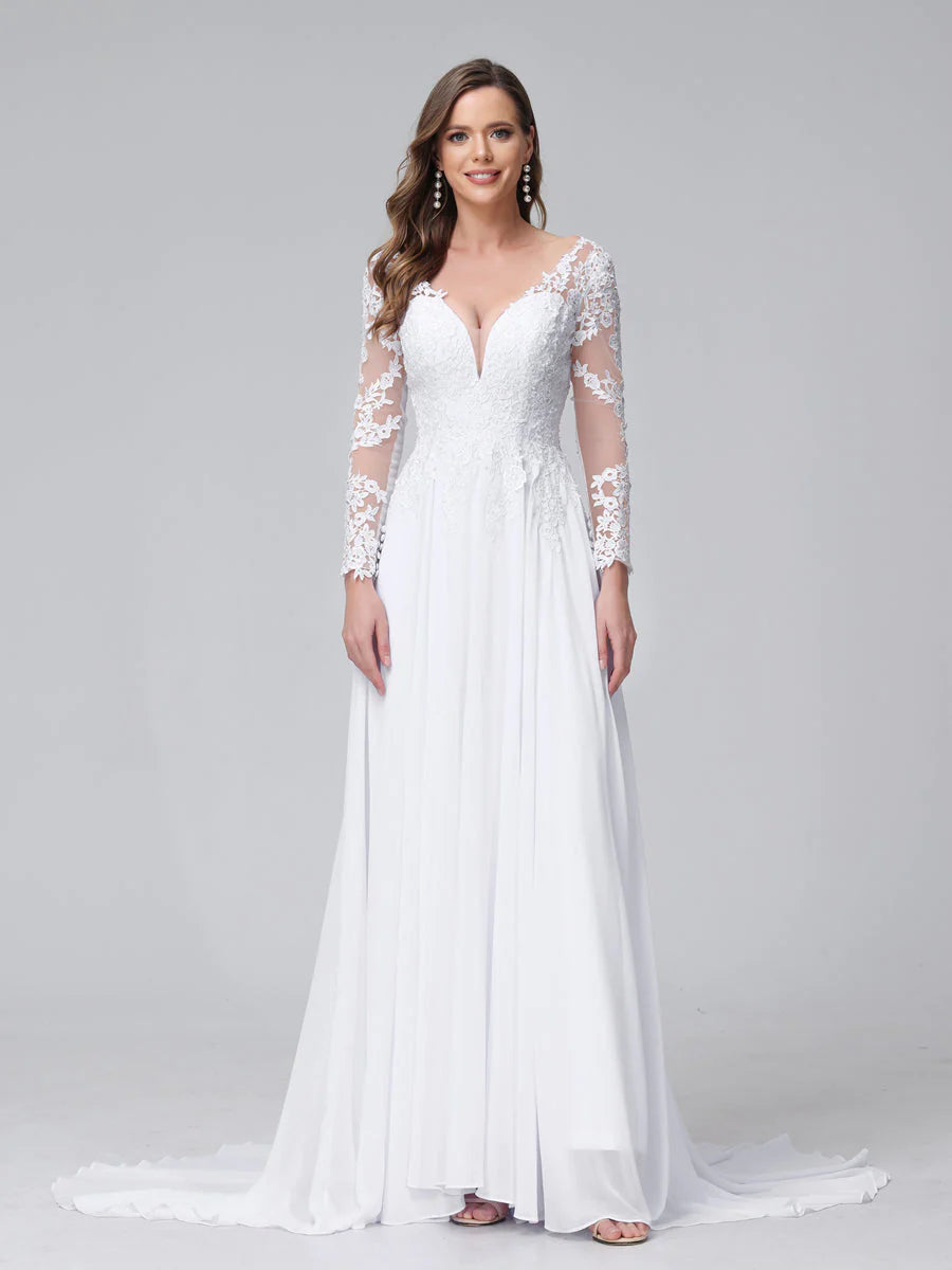 A-Line V-Neck Long Sleeves Long Chiffon Wedding Dresses With Lace Applique Ruffled Wedding Dress