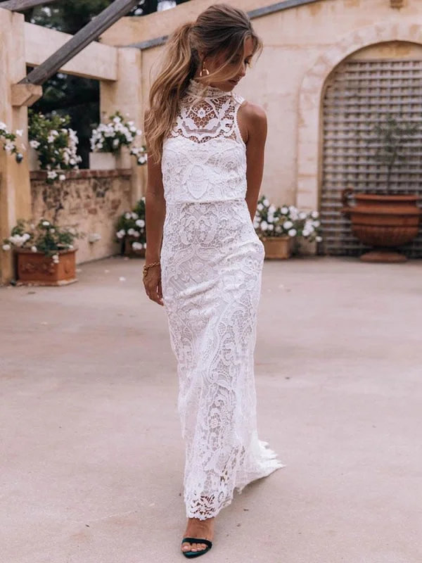 Boho Wedding Dress 2021 Sheath High Neck Sleeveless Floor Length Bridal Gown Sleeveless Wedding Dress