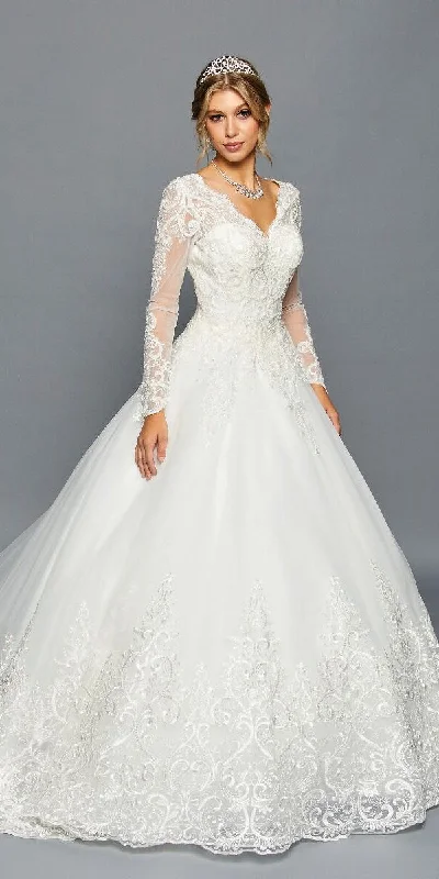 DeKlaire Bridal 457 Scalloped V-Neckline Long Sleeve Wedding Gown Sparkling Wedding Dress