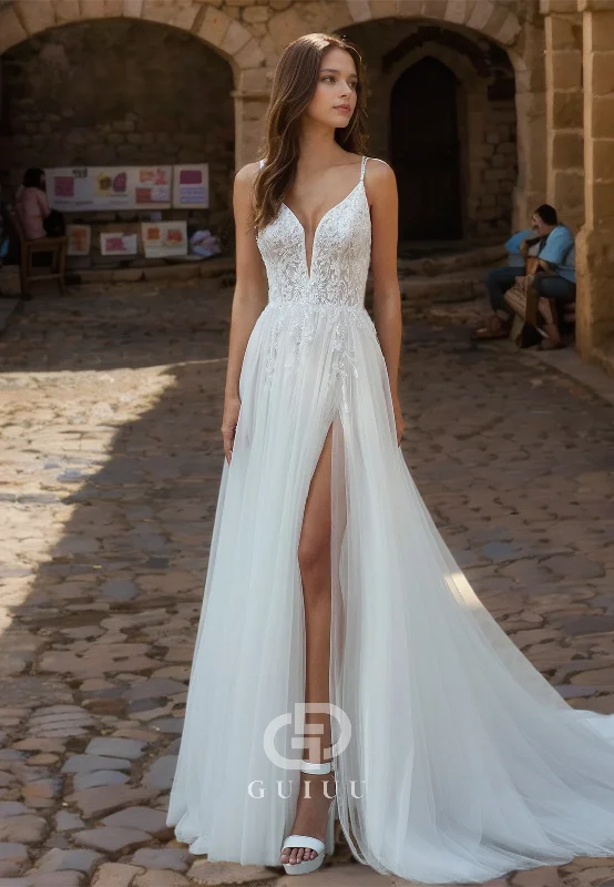 Strappy V-Neck A-Line Tulle High Side Slit Wedding Dress with Lace Appliques Off-shoulder Wedding Gown