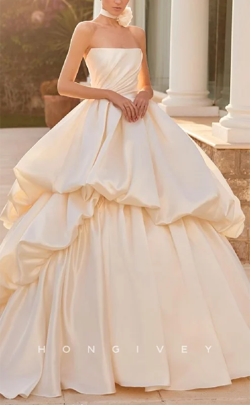 H1521 - Sexy Satin A-Line Square Strapless Empire Ruched Tiered Ball Gown Wedding Dress Romantic Wedding Dress