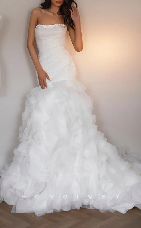 H1522 - Sexy Tulle A-Line Strapless Sleeveless Empire Beaded Ruched With Train Wedding Dress Floral Wedding Gown