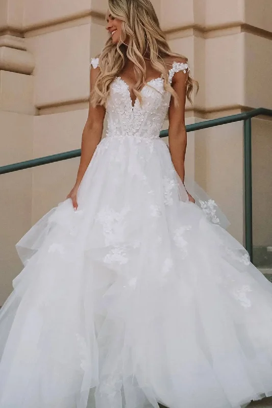 K1195 - V-Neck Lace Appliqued Tulle Ball Wedding Dress With Sweep Train Off-shoulder Gown