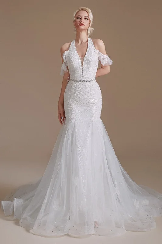 Elegant Long Mermaid Halter Tulle Floor-Length Wedding Dress with Lace Appliques Mermaid Lace Gown