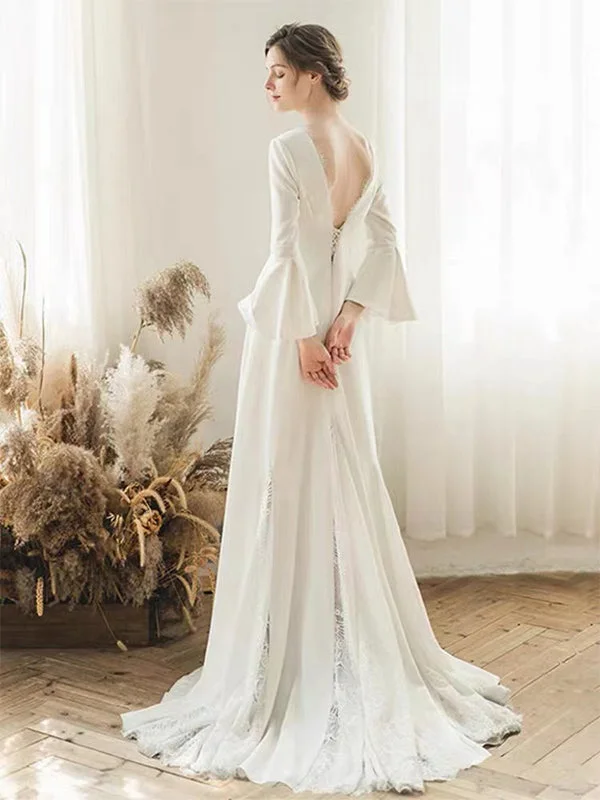 Elegant long Sleeves V-neck A-line Backless Lace White Wedding Dresses, WD0544 Formal Wedding Dress