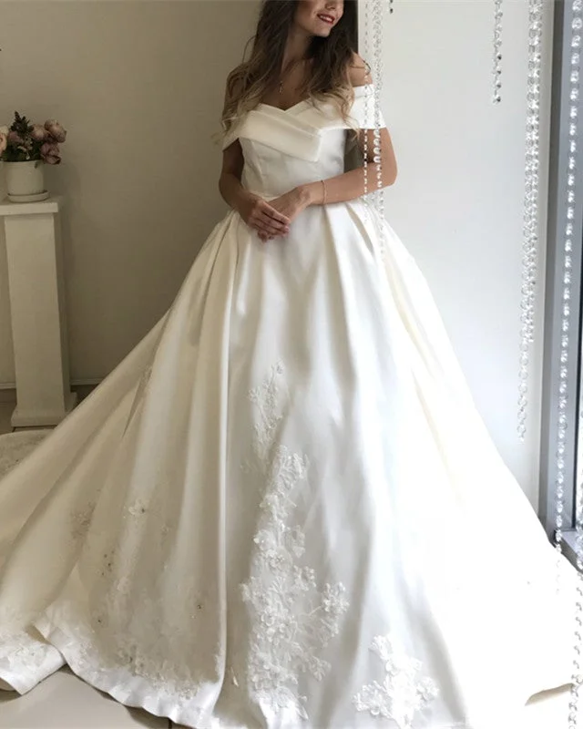 Off The Shoulder Ball Gown Wedding Satin Dresses Lace Embroidery Wedding Gown Set