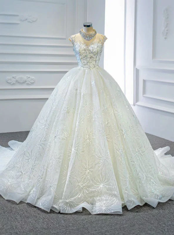 High Quality White Ball Gown Tulle High Neck Backless Beading Sequins Wedding Dress Ruffle Wedding Gown