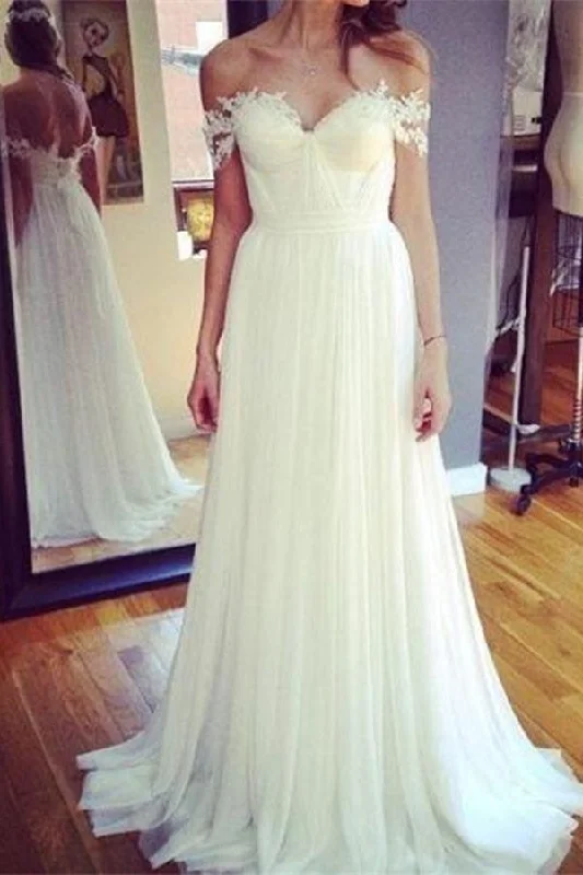 Ivory Flowy Off The Shoulder A-line Lace Chiffon Long Wedding Dress Tiered Wedding Dress