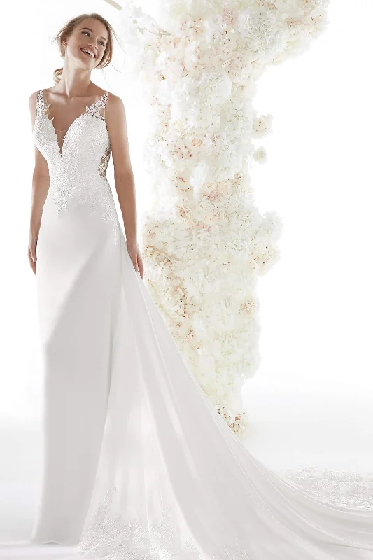 Lace Appliqued Backless Sexy Plunging V-neck Bridal Gown With Chapel Train-715836 Sleek Wedding Dress