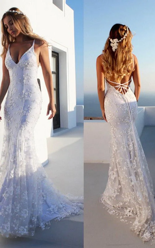 Mermaid Spaghetti Lace Simple Wedding Dress Sexy Bohemian Elegant Beach With Deep-V Back And Sleevesless Appliques-716749 Chic Wedding Gown