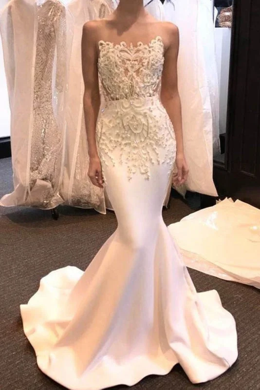 New-Arrival Sheer Neck Sleeveless Sweep Train Satin Mermaid Wedding Dress Classic Satin Gown