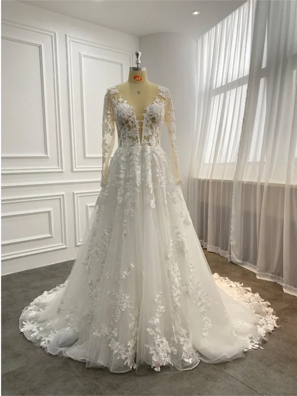 Plunge Neckline Long Sleeves Lace Tulle Wedding Dresses, Handmade Long Wedding Dresses, 2021 Wedding Dresses, Bridal Gown Silk Bridal Dress