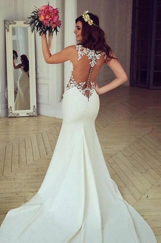 Stunning Pretty Mermaid Sleeveless Lace Appliques Wedding Dress BC9822 Floral Lace Wedding