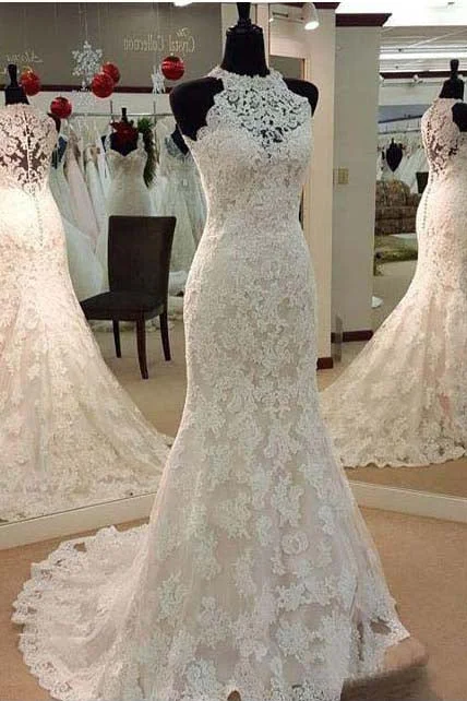 Vintage Illusion High Neck Halter Sleeveless Full Lace Mermaid Wedding Gown-715347 Satin Bridal Gown