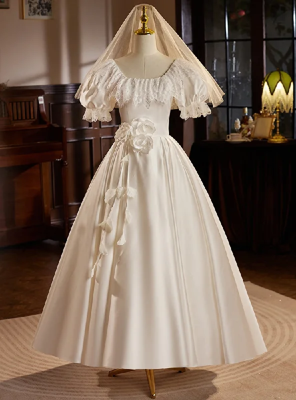 Vintage Satin Lace Off Sleeve Wedding Dress Sleeveless Bridal Gown