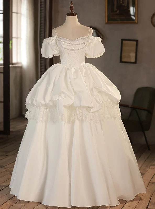 Vintage Satin Lace Puff Sleeve Wedding Dress Sexy Satin Gown