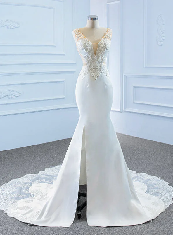 White Mermaid Satin Tulle V-neck Appliques Beading Wedding Dress With Split Beaded Wedding Gown