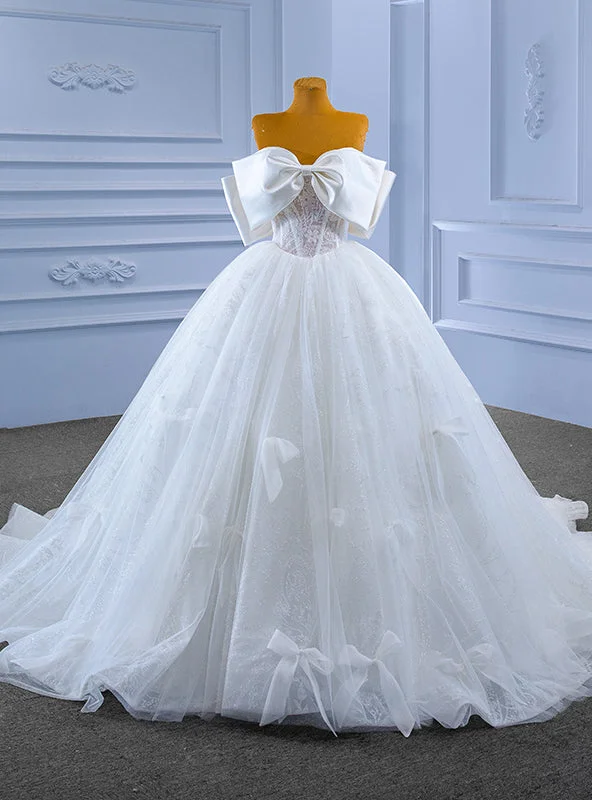 White Tulle Off the Shoulder Bow Wedding Dress White Lace Gown