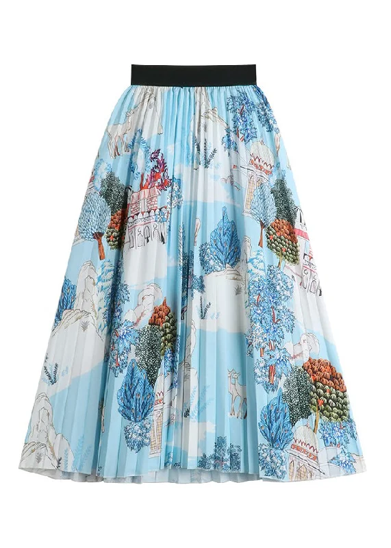 Beautiful Blue Print Wrinkled Elastic Waist Chiffon Skirts Summer Elegant unclassified skirts