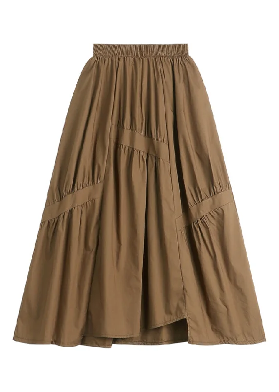 Classy Brown Asymmetrical Patchwork Wrinkled Elastic Waist Pockets Skirts Summer Button-front unclassified skirts