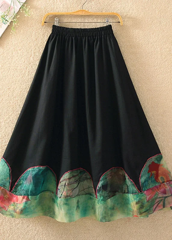 Fashion Black Print Patchwork Elastic Waist Skirt Summer Earthy tone unclassified skirts