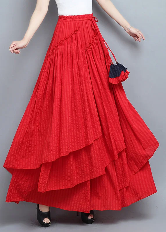 Red Asymmetrical Tie Waist Pleated Skirt Summer Engagement unclassified skirts