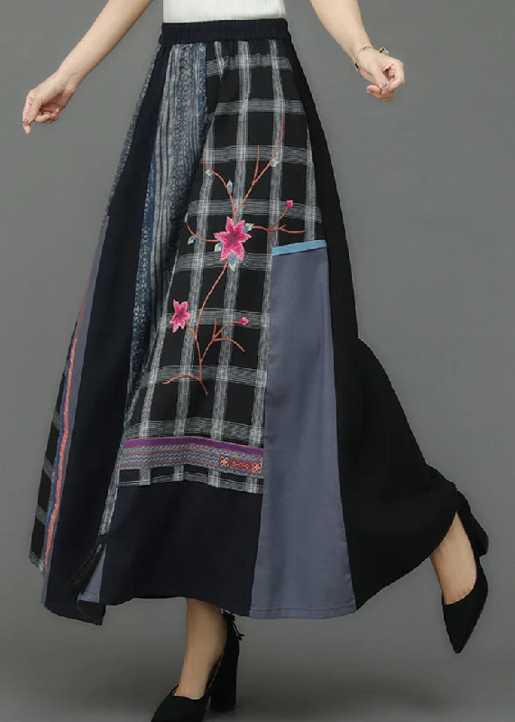 Retro Embroideried Floral Pockets Plaid Patchwork Elastic Waist Skirts Fall Cotton unclassified skirts