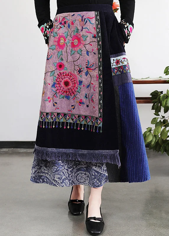 Retro Embroideried Pockets Floral Elastic Waist Cotton A Line Skirt Fall Fall unclassified skirts