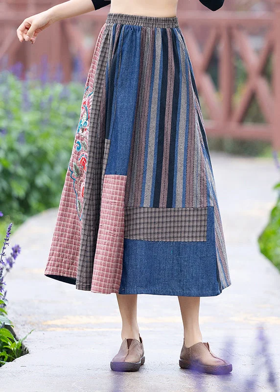 Vintage Blue Embroideried Floral Plaid Patchwork Elastic Waist A Line Skirt Summer Everyday wear unclassified skirts