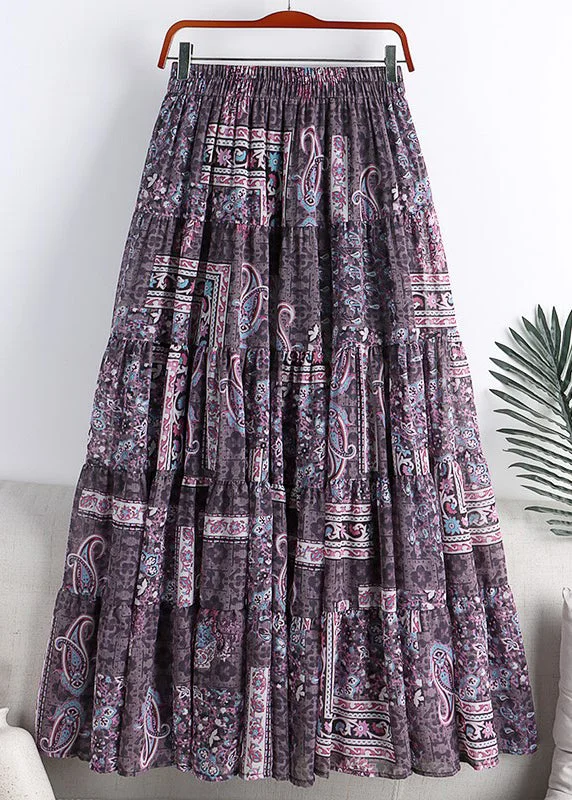 Vintage Purple Print High Waist Draping A Line Skirts Spring Slit unclassified skirts