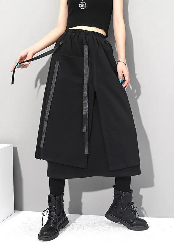 Women Black Asymmetrical Patchwork Pockets Elastic Waist Skirts Fall Spring unclassified skirts