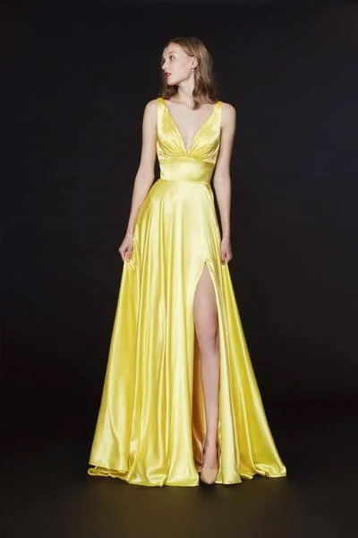 Angela & Alison - Ruched Plunging V-Neck Gown with Slit 91041 - 1 pc Yellow In Size 4 Available Modest party dresses