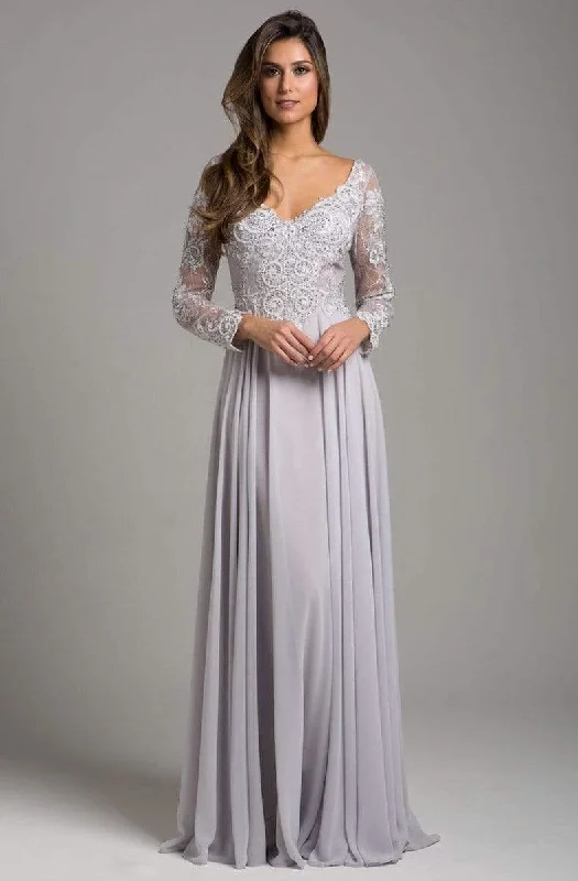 Lara Dresses - Sheer Long Sleeve Lace Appliqued A-Line Gown 29929 - 1 pc Silver In Size 12 Available Glamorous party dresses