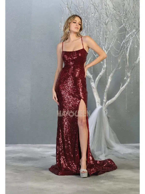 May Queen - MQ1826 Sequined Lace Up Back High Slit Gown Chic party dresses