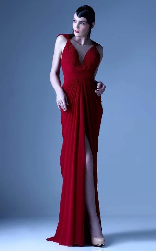 MNM Couture - G0919 Illusion V Neckline Draped Pleated Evening Dress Winter party dresses