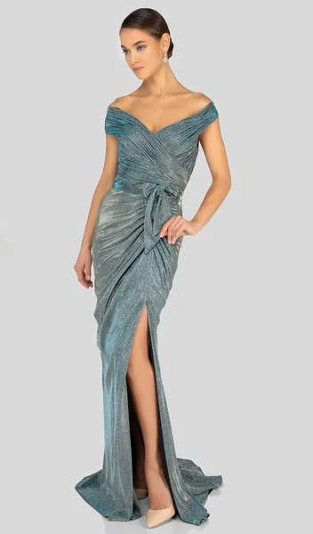 Terani Couture - Off Shoulder Shirred Metallic Gown 1911M9344  - 1 Pc. Gunmetal Silver in size 12 Available Sexy little black party dresses