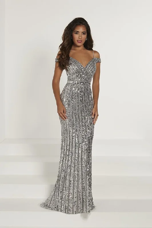 Tiffany Designs - Bead Embellished Plunging Off-Shoulder Evening Gown 46179 - 1 pc Silver In Size 8 Available Plus size party dresses