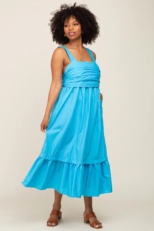 Aqua Pleated Back Tie Midi Dress Tiered midi dresses