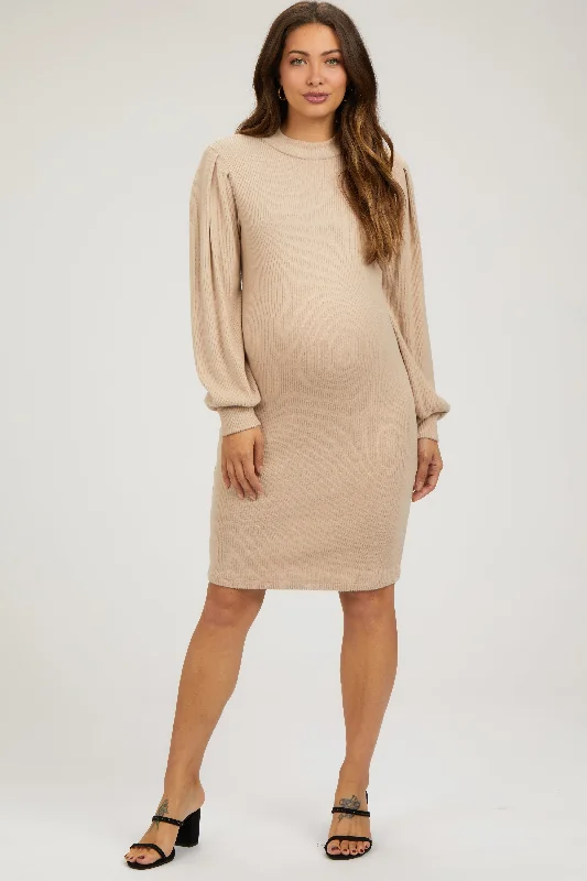 Beige Ribbed Long Sleeve Mock Neck Maternity Dress Beach maxi dresses